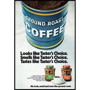 1974 Taster's Choice Instant Coffee Vintage Print Ad Blue Metal Can Wall Art